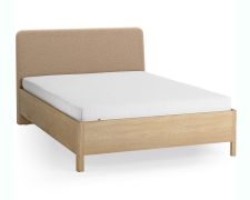 Tweepersoonsbed / kleur: eiken / taupe / massief eiken / 140 x 200 cm / discreet afgeronde vorm / logeerbed / incl. lattenbodem / zacht gestoffeerde hoofdsteun
