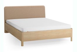 Tweepersoonsbed / 160 x 200 cm / massief eiken / kleur: eiken / taupe / discreet afgeronde vorm / incl. opklapbare lattenbodem / zacht gestoffeerde hoofdsteun