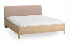 Tweepersoonsbed / massief eiken / 180 x 200 cm / kleur: eiken / ecru / zacht gestoffeerde hoofdsteun / incl. opklapbare lattenbodem / discreet afgeronde vorm