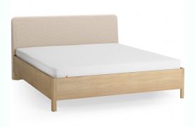 Tweepersoonsbed / massief eiken / 180 x 200 cm / kleur: eiken / beige / zacht gestoffeerde hoofdsteun / incl. lattenbodem / discreet afgeronde vorm