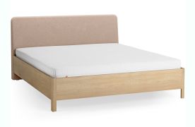 Tweepersoonsbed / massief eiken / 180 x 200 cm / kleur: eiken / ecru / zacht gestoffeerde hoofdsteun / incl. lattenbodem / discreet afgeronde vorm