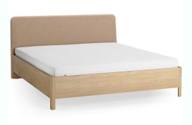Doppelbett | Eiche massiv | 180 x 200 cm | Farbe: Eiche / Taupe | weich gepolsterte Kopfstütze | inkl. Lattenrost | dezent abgerundete Form