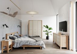 Slaapkamer compleet - Set B Braianik, 5-delig, ABS-randbescherming, poten 36 mm dik, kleur: eiken Wotan / beige, metalen handgrepen in matgoud