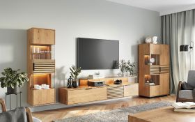 Complete woonkamer set B Rania, 3-delig, in eiken / zwart, geolied massief hout, inclusief LED-verlichting, soft closing systeem, zwarte metalen handgrepen