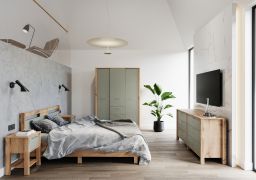 Slaapkamer compleet - Set C Braianik, 5-delig, natuurlijke kleurencombinatie in eiken Wotan / groen, metalen handgrepen in matgoud, ABS-randafwerking, poten 36 mm