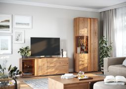Woonkamer compleet set B Sienne, 3-delig, massief, geolied en geborsteld wilde eiken natuur, push-to-open functie, LED-verlichting incl., getint glas