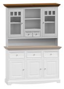 Opzet (vitrine) kast dressoir / ladekast Gyronde, massief grenen, kleur: wit / walnoot - 105 x 130 x 35 cm (H x B x D)