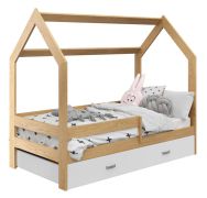 Kinderbed / kleuterbed massief grenen hout naturel D3, lade: wit, incl. lattenbodem - ligvlak: 80 x 160 cm (b x l)
