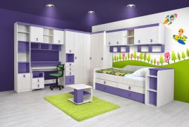 Kinderkamer / tienerkamer compleet - Set D Luis, 16 stuks, kleur: eiken wit / paars