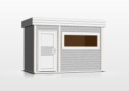 Buiten sauna / saunahuis Lut 40 mm met groot panoramavenster, buitenafmetingen (B x D): 354 x 204 cm - Kleur: Grijs / Wit