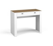 Schlichter Schreibtisch mit einer Schublade Barbe 28, Farbe: Weiß matt / Eiche, Maße: 79 x 102 x 50 cm, Griffe: Schwarz, ansprechende Optik und modernes Design