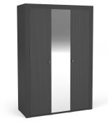 Kledingkast met één spiegeldeur Barbe 05, ABS, met zeven vakken en één kledingstang, Kleur: mat zwart, Afmetingen: 206 x 137 x 56 cm, Poten en handgrepen: Goud, Hoogwaardige afwerking