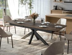 Uitschuifbare eettafel / afgeronde randen / massief walnoothout / poten: staal / 200-250 x 100 x 77 cm / hoogwaardige afwerking / gekruiste tafelpoten / modern