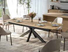 Uitschuifbare eettafel / afgeronde randen / massief eikenhout / in retro-eiken / poten: staal / 200-250 x 100 x 77 cm / hoogwaardige afwerking / gekruiste tafelpoten