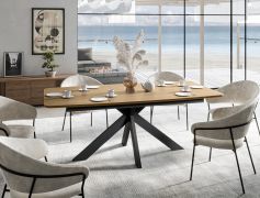 Eettafel / afgeronde randen / massief eikenhout / in naturel eiken / poten: metaal / 200 x 100 x 77 cm / rechthoekig / hoogwaardige afwerking / gekruiste tafelpoten