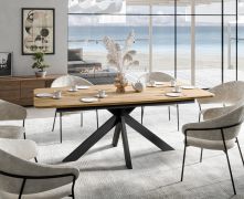 Eettafel / afgeronde randen / massief eikenhout / in retro-eiken / poten: metaal / 200 x 100 x 77 cm / rechthoekig / gekruiste tafelpoten / hoogwaardige afwerking