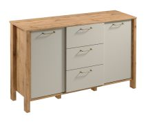 Ladekast / sideboard Braianik 02 met 3 lades, 4 vakken, 2 schappen en 2 deuren, metalen handgrepen, eiken Wotan / beige, 81 x 138 x 40 cm
