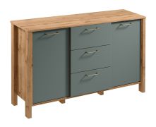 Ladekast / sideboard Braianik 18, eiken Wotan / groen, met 3 lades, 4 vakken, 2 schappen, 2 deuren, 81 x 138 x 40 cm, metalen handgrepen