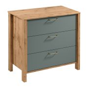 Ladekast / sideboard Braianik 19, eiken Wotan / groen, woonkamer, slaapkamer, kantoor, ABS, 3 lades, 81 x 90 x 47 cm, metalen handgrepen