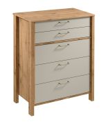 Hoge ladekast Braianik 04 in eiken Wotan / beige, 109 x 90 x 47 cm, slaapkamer, woonkamer, kantoor, 5 lades, metalen handgrepen, ABS-randafwerking