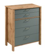 Hoogte ladekast Braianik 20, metalen handgrepen, 2 kleine lades, 3 grote lades, 109 x 90 x 47 cm, poten: 36 mm dik, eiken Wotan / groen, ABS