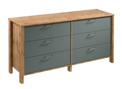 Ladekast / sideboard Braianik 21, kleur: eiken Wotan / groen, 81 x 171 x 47 cm, metalen handgrepen, 6 ruime lades, woonkamer, slaapkamer