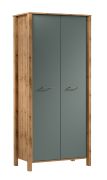 Kledingkast Braianik 28, eiken Wotan / groen, 200 x 90 x 53 cm met 1 kledingstang, 2 deuren, 2 schappen, 2 vakken, poten: 36 mm dik, ABS