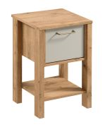 Nachtkastje Braianik 15 in eiken Wotan / beige, poten 36 mm, metalen handgrepen, 1 lade, 1 opbergvak, 59 x 42 x 37 cm, voor de slaapkamer, ABS