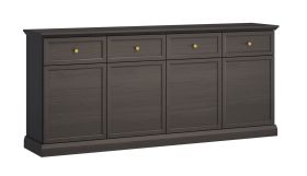 Ladekast Torsakala 15 in grafietzwart, 86 x 193 x 40 cm, 4 lades, 8 vakken, 4 schappen, 4 deuren, metalen handgrepen in goud, ABS-randafwerking