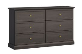 Zwart-grafiet Torsakala 13-ladekast met gouden metalen handgrepen, 6 ruime lades, zonder poten, ABS, 86 x 146 x 40 cm, woon- en slaapkamer