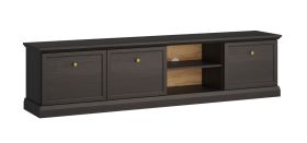 Zwart/grafietkleurige TV-onderkast Torsakala 16, met 6 vakken voor tv-opties, 2 open vakken, 3 deuren, gouden metalen handgrepen, 51 x 206 x 40 cm