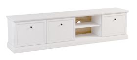 TV-onderkast Torsakala 04 in wit opaal, 51 x 206 x 40 cm, ABS-randafwerking, 3 deuren, 6 functionele vakken, 2 open vakken voor opbergruimte, metalen handgrepen