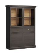 Zwart-grafiet vitrine kast Torsakala 21 met 8 vakken, 2 lades, 2 glazen deuren, 2 houten deuren, 161 x 114 x 40 cm, 4 schappen