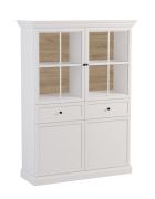 Vitrine kast Torsakala 09 in wit opaal, 161 x 114 x 40 cm, 8 vakken, 4 schappen, 2 lades, 2 houten deuren, 2 glasdeuren, ABS