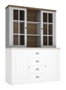 Vitrine-opzetstuk voor de ladekast Segnas, kleur: wit grenen / bruin eiken - 111 x 130 x 35 cm (H x B x D)