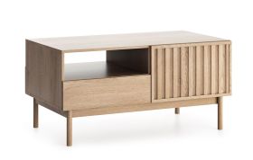 Tweezijdige salontafel Acrab 06 met 2 lades, 53 x 106 x 64, 2 deuren, 2 Kiep- klapdeuren, eiken Cremona, geschikt voor robotstofzuigers, geribbelde fronten