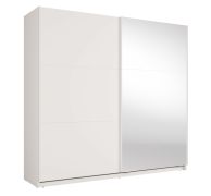 Schiebetürenschrank |  6 Fächer | mit Spiegel | 1 Kleiderstange | Weiß | 221 x 60 x 207 cm | Metallgriffe | Soft-Close-System | Igoumenitsa 01 | 2 Schiebetüren