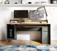Bureau met veel opbergruimte / 160 x 70 x 91,5 cm / Ergonomisch / Aritsan - eiken / grafietgrijs / 6 vakken / Kissamos 02 / met beeldscherm verhoging