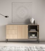 Sideboard | Kleur: eiken Lindberg | incl. LED verlichting | 3 lades | Push-to-open-functie | 160 x 40 x 86 cm | 4 vakken | Ladekast / commode | 1 glazen deur met aluminium frame