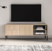 TV-meubel | Kleur: eiken Lindberg | 2 lades | 3 vakken | Push-to-open-functie | incl. LED verlichting | 1 glazen deur met aluminium kozijn | 160 x 40 x 59 cm | TV-kast