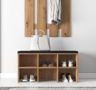 Schoenenkast Bering 01 / Maten: 96 x 34 x 51 cm / Zitting van zwart fluweel / Kleur: Artisan eiken / ABS-randen / voor de hal / gelamineerd