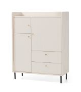 Ladekast / commode / 2 lades / Kleur: beige met houtstructuur / 3 schappen / Maten: 103,5 x 42 x 133 cm / 3 deuren / Poten en handgrepen: metaal / 6 vakken