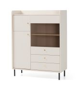 Ladekast / commode / 1 glasdeur / 2 lades / Kleur: beige met houtstructuur / Maten: 103,5 x 42 x 133 cm / 3 deuren / Poten en handgrepen: metaal / 6 vakken / voor de woonkamer