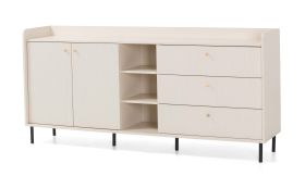 Ladekast / commode / 3 lades / Kleur: beige met houtstructuur / 5 vakken / Maten: 193,5 x 42 x 91 cm / 2 draaideuren / Poten en handgrepen: metaal / Sideboard
