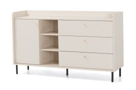 Ladekast / commode / 3 lades / Kleur: beige met houtstructuur / 5 vakken / Maten: 153,5 x 42 x 91 cm / 1 deur / Poten en handgrepen: metaal / Sideboard / voor de woonkamer