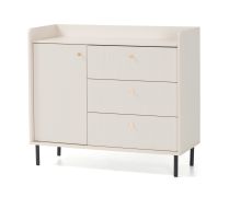 Ladekast / commode / 2 vakken / Kleur: beige met houtstructuur / smal / 3 lades / Maten: 103,5 x 42 x 91 cm / 1 deur / functioneel design / Poten en handgrepen: metaal