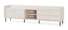 TV-onderkast / 2 lades / lang design / Kleur: beige met houtstructuur / 4 vakken / maten: 210 x 42 x 59 cm / 2 draaideuren / poten en handgrepen: metaal