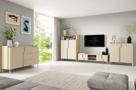 Woonkamerset A / 4-delig / kleur: Mavelie eiken / Macadamia / push-to-open functie / metalen poten / 3 ladekasten / 1 TV-onderkast / ABS randen