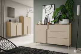 Woonkamerset B / 3-delig / kleur: eiken Mavelie / Macadamia / push-to-open functie / metalen poten / 1 sideboard / 1 highboard / 1 commode