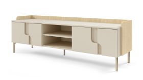 TV-onderkast / kleur: Mavelie eiken / Macadamia / 4 draaideuren / 4 vakken / 160 x 42 x 51 cm / push-to-open functie / TV-board / poten: metaal